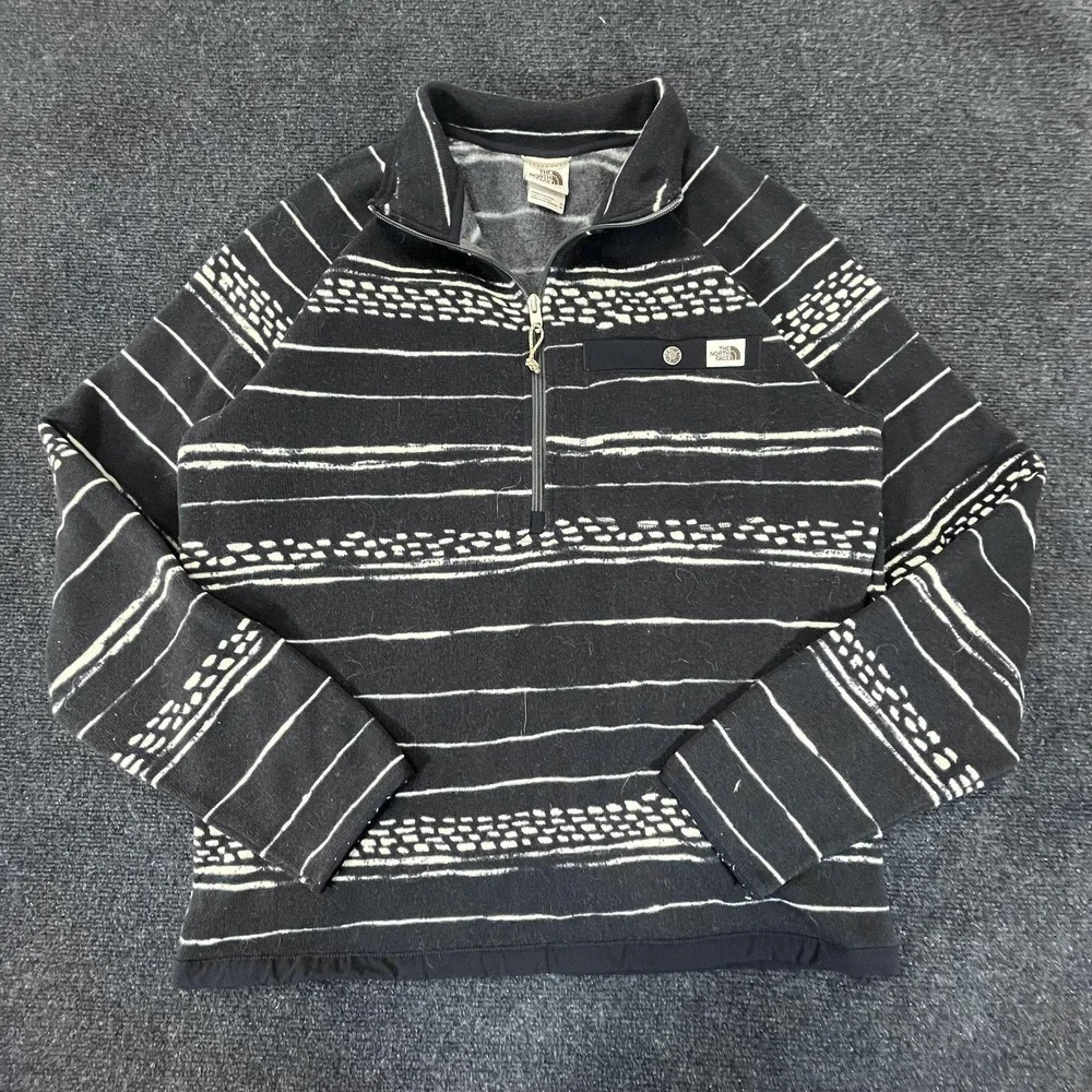 North Face Sweater Mens Medium Black White Striped‎ 1/4 Zip Pullover Fleece Warm